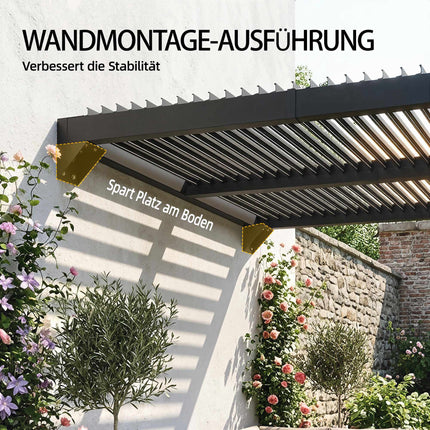 Wandanlehn-Lamellenpergola, 3x3m, verstellbares Metalldach