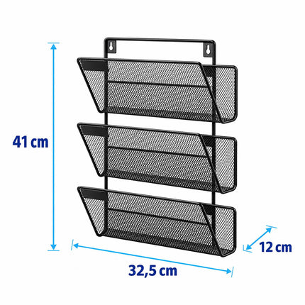Wall-Mounted Magazine Holder with 3 Tiers, Black Iron, Screws Included
