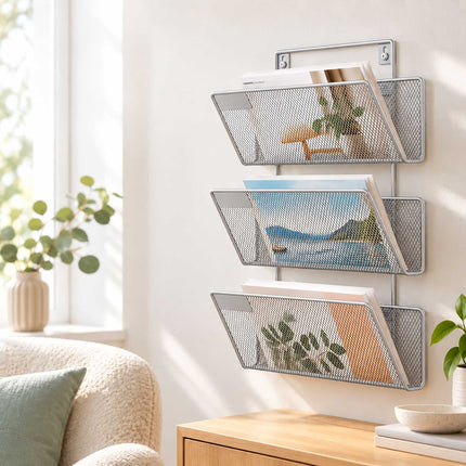 Wall-Mounted Magazine Holder with 3 Tiers, Silver Iron, Screws Included