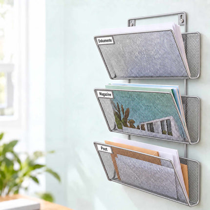 Wall-Mounted Magazine Holder with 3 Tiers, Silver Iron, Screws Included
