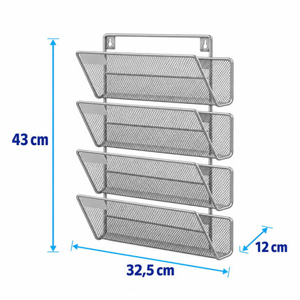 Wall-Mounted Magazine Holder with 4 Tiers, Silver Iron, Screws Included
