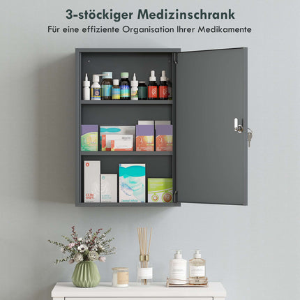Wall-Mounted Medicine Cabinet, Lockable, 3 Shelves, Grey