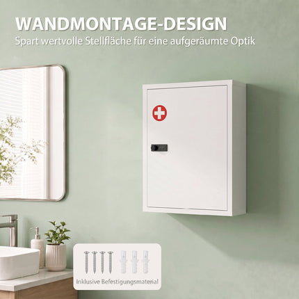 Wall-Mounted Medicine Cabinet with Lock, Steel, White