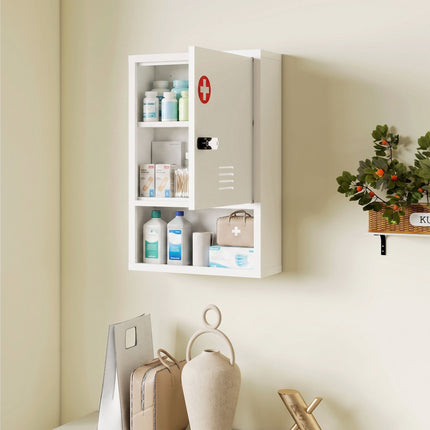 Wall-Mounted Medicine Cabinet with Lock, White, Steel