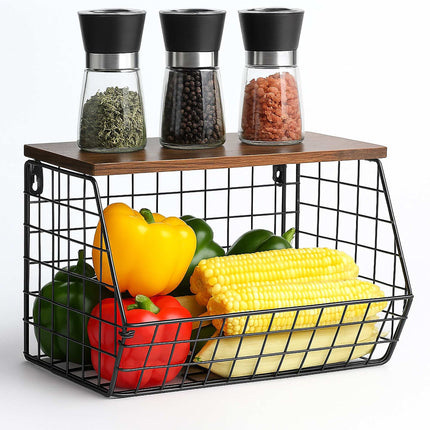 Wall-Mounted Metal Fruit Rack with Wood-Effect Shelf