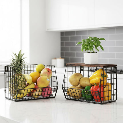 Wall-Mounted Metal Fruit Rack with Wood-Effect Shelf