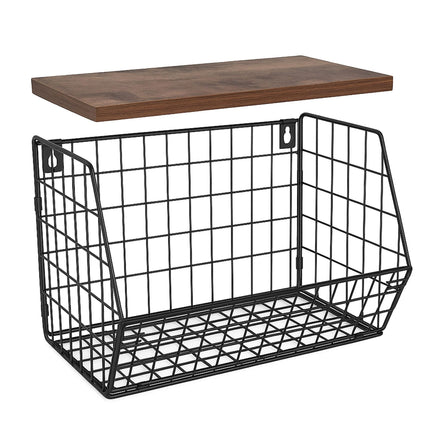 Wall-Mounted Metal Fruit Rack with Wood-Effect Shelf