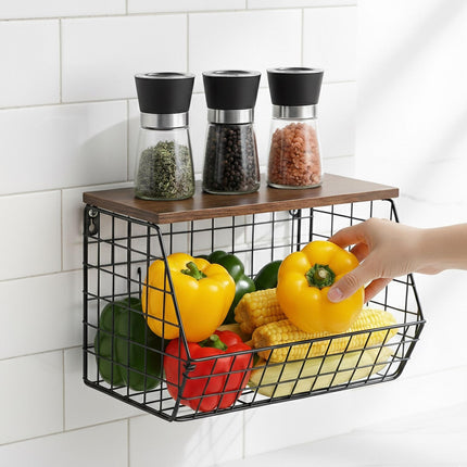 Wall-Mounted Metal Fruit Rack with Wood-Effect Shelf
