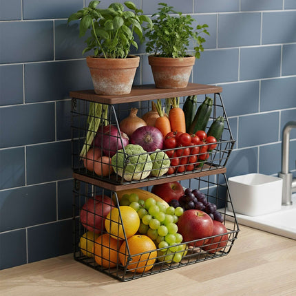 Wall-Mounted Metal Fruit Rack with Wood-Effect Shelf