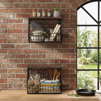 Wall-Mounted Metal Fruit Rack with Wood-Effect Shelf