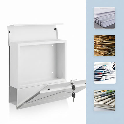 Wall-Mounted Metal Postbox with Newspaper Holder, White