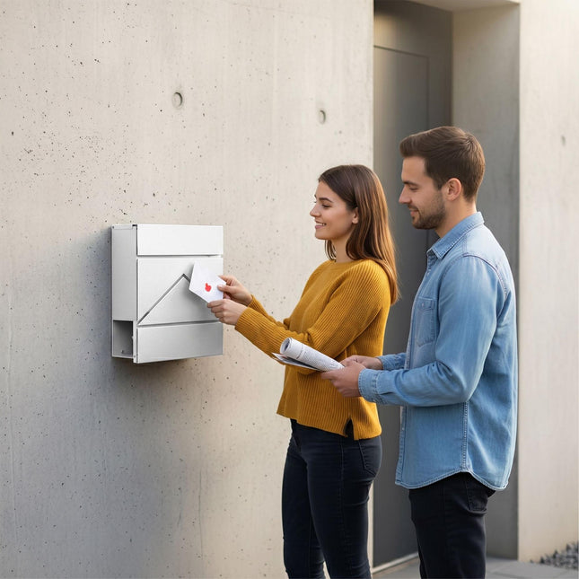 Wandmontierter Metallbriefkasten mit Zeitungsfach, Weiß