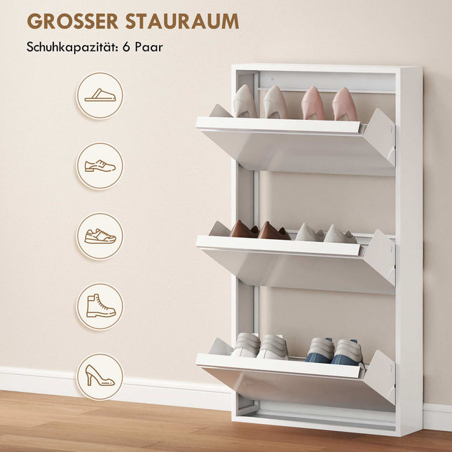Wall-Mounted Metal Shoe Cabinet, 3 Flip Drawers, White
