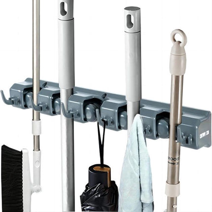 Wandmontierter Mopphalter, 5 Positionen, 6 Haken, Dunkelgrau
