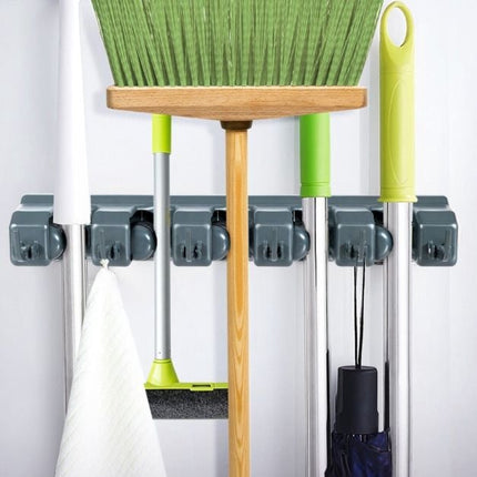 Wandmontierter Mopphalter, 5 Positionen, 6 Haken, Dunkelgrau