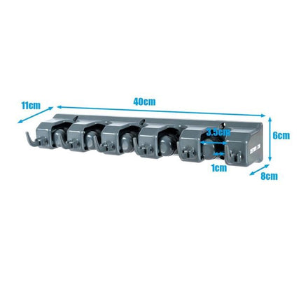 Wandmontierter Mopphalter, 5 Positionen, 6 Haken, Dunkelgrau