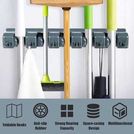 Wandmontierter Mopphalter, 5 Positionen, 6 Haken, Dunkelgrau