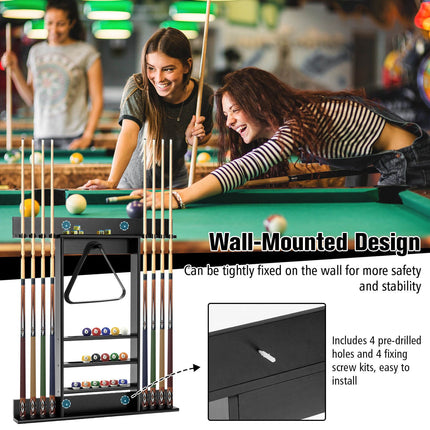 Wandmontierter Billardqueue-Halter, 8 Queues, 15 Kugeln, Schwarz