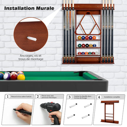 Wand-Billardqueueshalter, für 8 Queues, 15 Kugeln, Kiefernholz