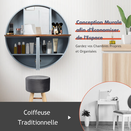 Wall-Mounted Round Dressing Table, Mirror, Shelves, 72 cm