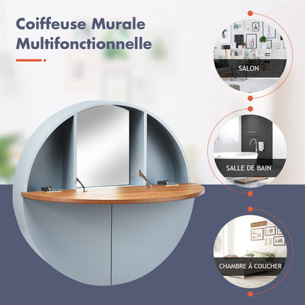 Wall-Mounted Round Dressing Table, Mirror, Shelves, 72 cm