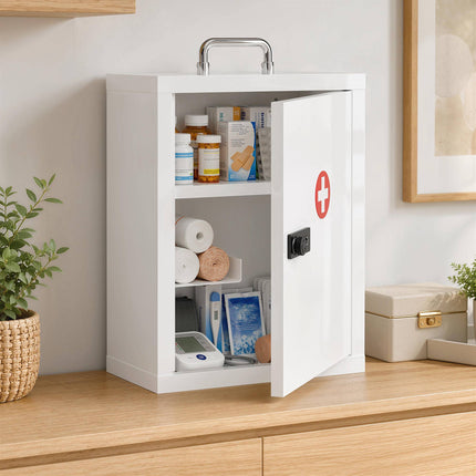 Wall-Mounted Steel Medicine Cabinet with Combination Lock, White