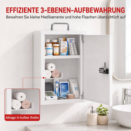 Wall-Mounted Steel Medicine Cabinet with Combination Lock, White