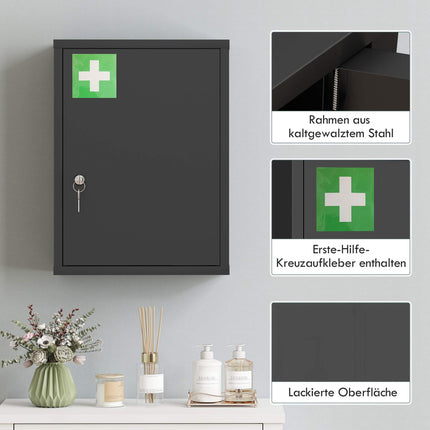 Wandmontierter Medizinschrank aus Stahl mit Schloss, 3 Einlegeböden, Schwarz