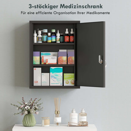 Wandmontierter Medizinschrank aus Stahl mit Schloss, 3 Einlegeböden, Schwarz