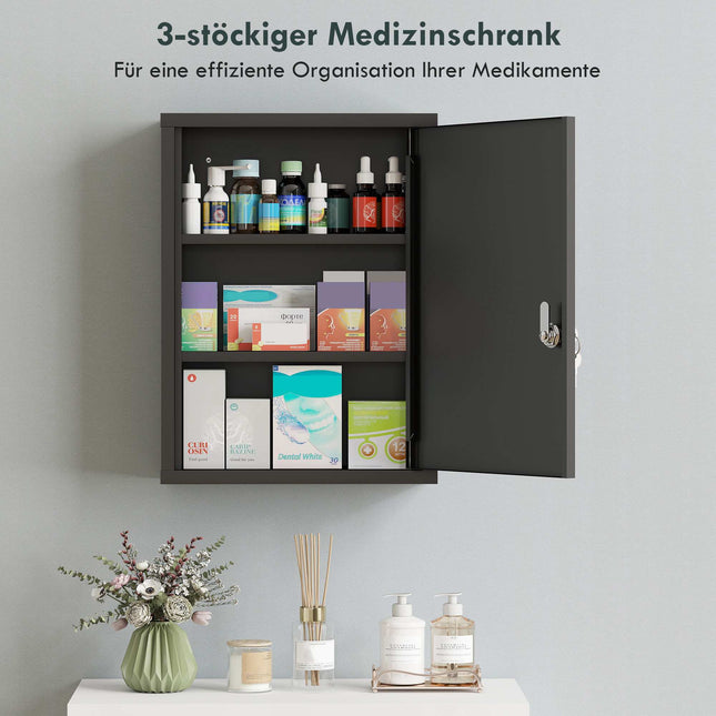 Wandmontierter Medizinschrank aus Stahl mit Schloss, 3 Einlegeböden, Schwarz