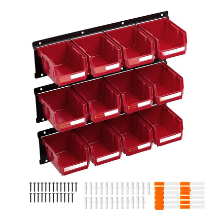 Wall-Mounted Storage Bins, 12-Pack With 3 Rails, Red