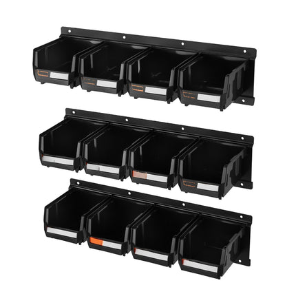 Wall-Mounted Storage Bins Set, 12 Bins, 3 Rails, Black