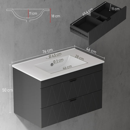 Wandhängender Waschtischunterschrank mit Keramikwaschbecken, Schwarz