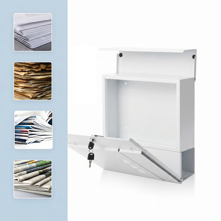 Wall-Mounted White Mailbox with Newspaper Holder
