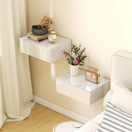 Wall-Mounted White Nightstands Set, Drawer, Chipboard
