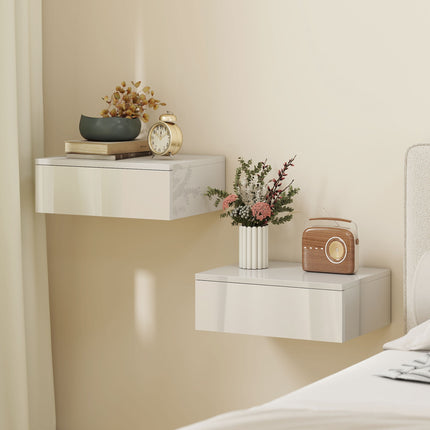 Wall-Mounted White Nightstands Set, Drawer, Chipboard