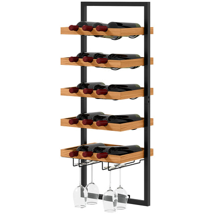 Wall-mounted 5-tier wine rack, holds 15 bottles and 4 glasses