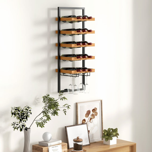 Wall-mounted 5-tier wine rack, holds 15 bottles and 4 glasses