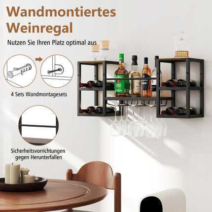 Wandmontiertes Weinregal mit Glashalter, 8 Flaschen, Rustikales Braun