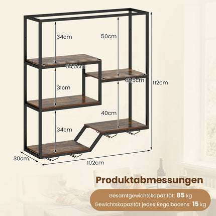 Wandmontiertes Weinregal mit Glashalter, Rustikales Braun