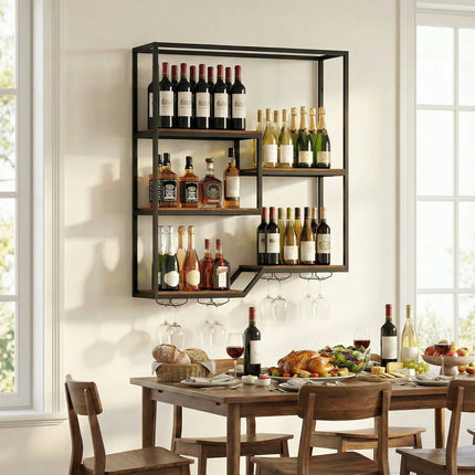 Wandmontiertes Weinregal mit Glashalter, Rustikales Braun