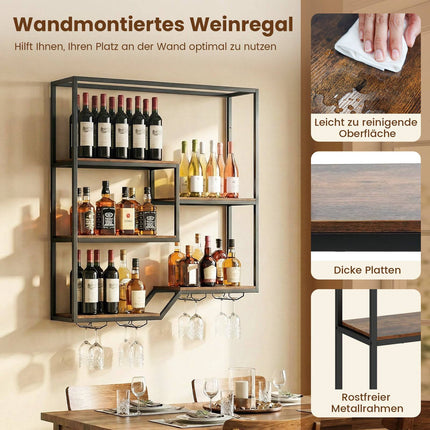Wandmontiertes Weinregal mit Glashalter, Rustikales Braun