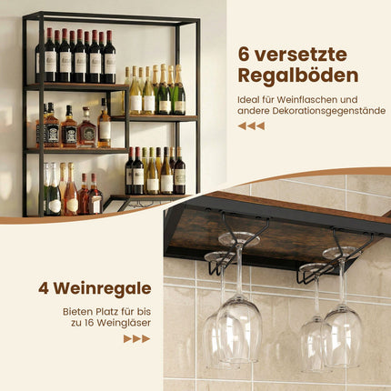 Wandmontiertes Weinregal mit Glashalter, Rustikales Braun