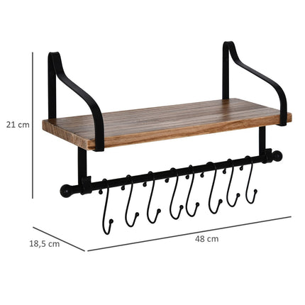 Schwebendes Wandregal mit 8 Haken, Massivholz, schwarz/natur