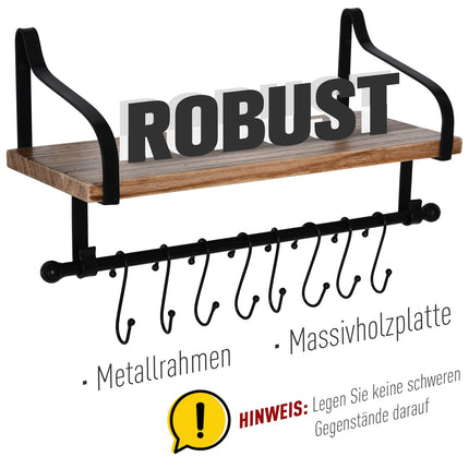 Schwebendes Wandregal mit 8 Haken, Massivholz, schwarz/natur