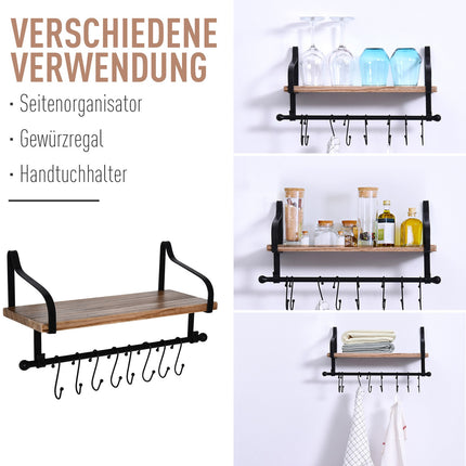 Schwebendes Wandregal mit 8 Haken, Massivholz, schwarz/natur