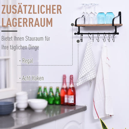 Schwebendes Wandregal mit 8 Haken, Massivholz, schwarz/natur