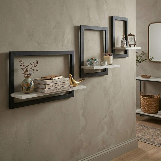 Wandregale 3er-Set – schwebend, MDF, Metallrahmen