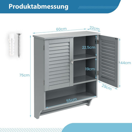 Wall cabinet hanging medicine cabinet with 2 slatted doors 58 x 22 x 75 cm gray