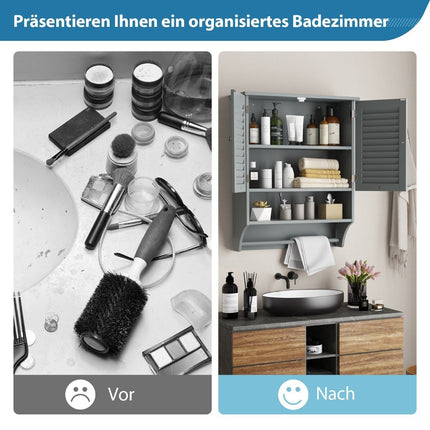 Wall cabinet hanging medicine cabinet with 2 slatted doors 58 x 22 x 75 cm gray
